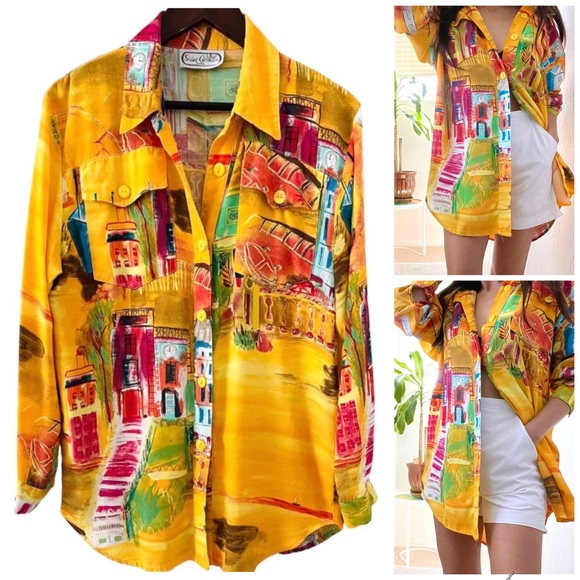 Vintage Saint Germain Paris Oversized Button Up Top Wearable Art - Picture 1 of 13